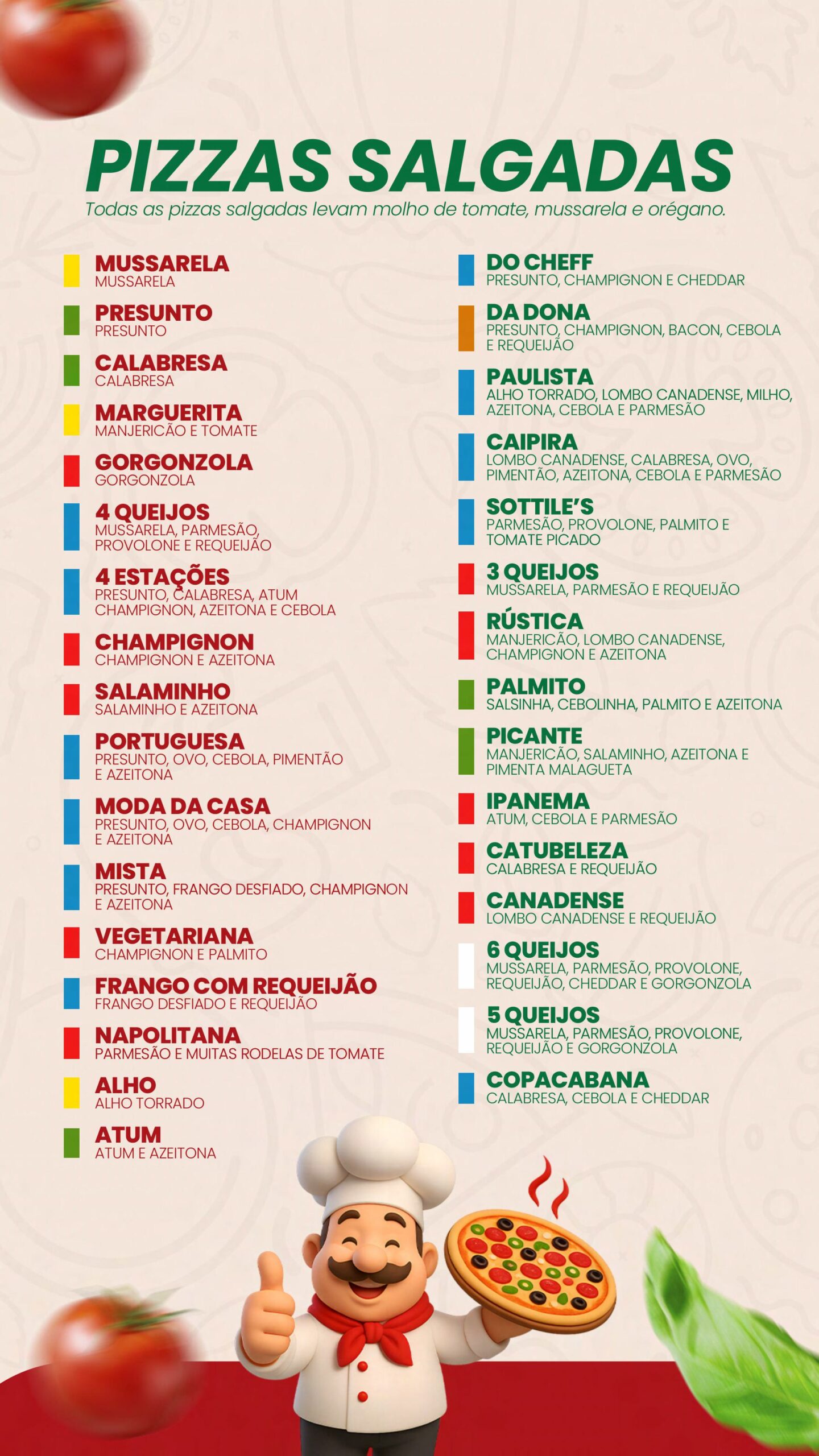 Página do cardápio com alguns sabores das pizzas salgadas