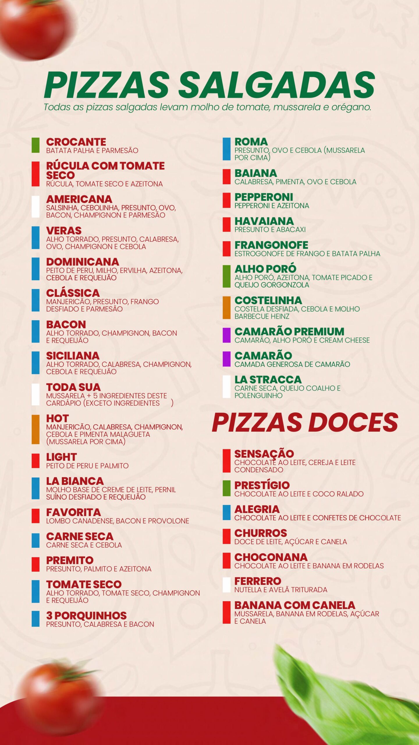 Página do cardápio com alguns sabores das pizzas salgadas e doces