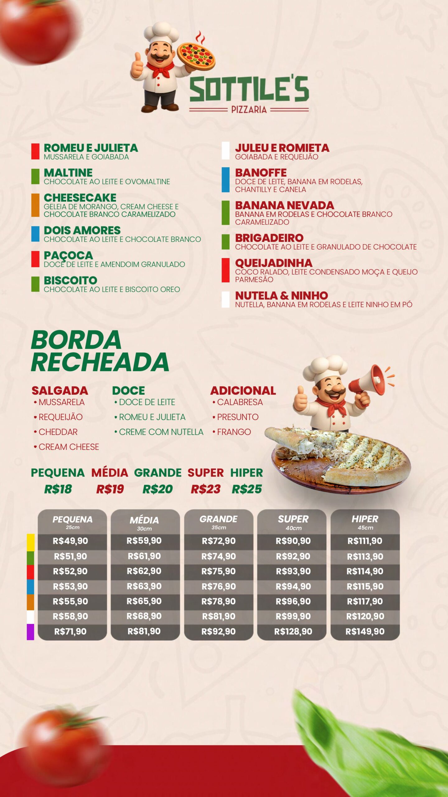Página do cardápio com as opções das bordas recheadas, tamanhos e preços das pizzas
