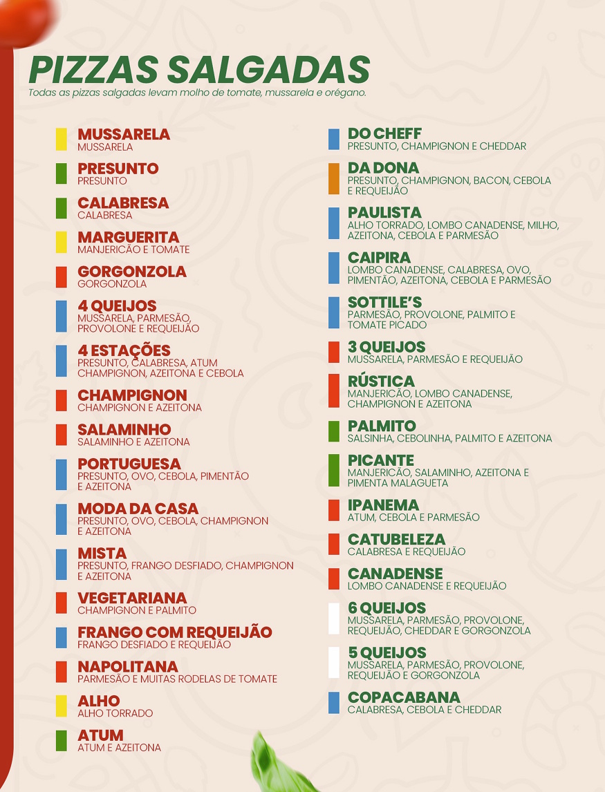 Página do cardápio com alguns sabores das pizzas salgadas