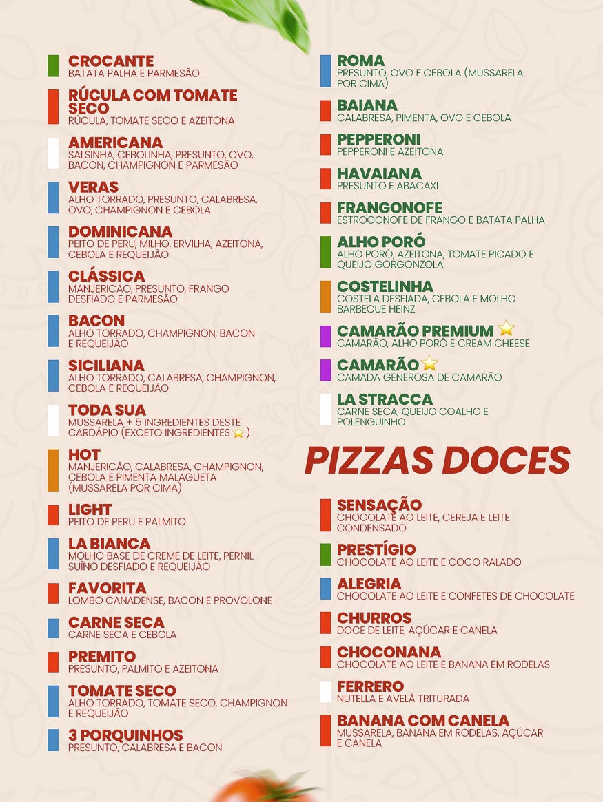 Página do cardápio com alguns sabores das pizzas salgadas e doces