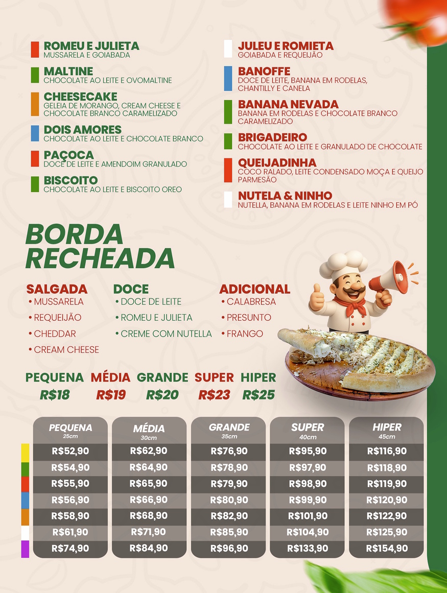 Página do cardápio com as opções das bordas recheadas, tamanhos e preços das pizzas